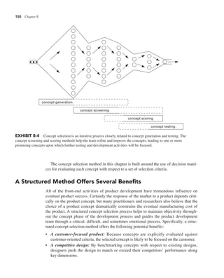 150 Chapter 8
The concept selection method in this chapter is built around the use of decision matri-
ces for evaluating each concept with respect to a set of selection criteria.
A Structured Method Offers Several Benefits
All of the front-end activities of product development have tremendous influence on
eventual product success. Certainly the response of the market to a product depends criti-
cally on the product concept, but many practitioners and researchers also believe that the
choice of a product concept dramatically constrains the eventual manufacturing cost of
the product. A structured concept selection process helps to maintain objectivity through-
out the concept phase of the development process and guides the product development
team through a critical, difficult, and sometimes emotional process. Specifically, a struc-
tured concept selection method offers the following potential benefits:
• A customer-focused product: Because concepts are explicitly evaluated against
customer-oriented criteria, the selected concept is likely to be focused on the customer.
• A competitive design: By benchmarking concepts with respect to existing designs,
designers push the design to match or exceed their competitors’ performance along
key dimensions.
EXHIBIT 8-4 Concept selection is an iterative process closely related to concept generation and testing. The
concept screening and scoring methods help the team refine and improve the concepts, leading to one or more
promising concepts upon which further testing and development activities will be focused.
concept generation
concept screening
concept scoring
concept testing
 