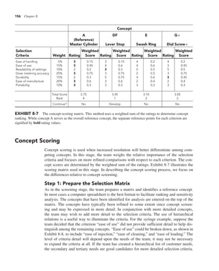 156 Chapter 8
Concept Scoring
Concept scoring is used when increased resolution will better differentiate among com-
peting concepts. In this stage, the team weighs the relative importance of the selection
criteria and focuses on more refined comparisons with respect to each criterion. The con-
cept scores are determined by the weighted sum of the ratings. Exhibit 8-7 illustrates the
scoring matrix used in this stage. In describing the concept scoring process, we focus on
the differences relative to concept screening.
Step 1: Prepare the Selection Matrix
As in the screening stage, the team prepares a matrix and identifies a reference concept.
In most cases a computer spreadsheet is the best format to facilitate ranking and sensitivity
analysis. The concepts that have been identified for analysis are entered on the top of the
matrix. The concepts have typically been refined to some extent since concept screen-
ing and may be expressed in more detail. In conjunction with more detailed concepts,
the team may wish to add more detail to the selection criteria. The use of hierarchical
relations is a useful way to illuminate the criteria. For the syringe example, suppose the
team decided that the criterion “ease of use” did not provide sufficient detail to help dis-
tinguish among the remaining concepts. “Ease of use” could be broken down, as shown in
Exhibit 8-8, to include “ease of injection,” “ease of cleaning,” and “ease of loading.” The
level of criteria detail will depend upon the needs of the team; it may not be necessary
to expand the criteria at all. If the team has created a hierarchical list of customer needs,
the secondary and tertiary needs are good candidates for more detailed selection criteria.
EXHIBIT 8-7 The concept-scoring matrix. This method uses a weighted sum of the ratings to determine concept
ranking. While concept A serves as the overall reference concept, the separate reference points for each criterion are
signified by bold rating values.
Concept
A DF E G+
(Reference)
Master Cylinder Lever Stop Swash Ring Dial Screw+
Selection Weighted Weighted Weighted Weighted
Criteria Weight Rating Score Rating Score Rating Score Rating Score
Ease of handling 5% 3 0.15 3 0.15 4 0.2 4 0.2
Ease of use 15% 3 0.45 4 0.6 4 0.6 3 0.45
Readability of settings 10% 2 0.2 3 0.3 5 0.5 5 0.5
Dose metering accuracy 25% 3 0.75 3 0.75 2 0.5 3 0.75
Durability 15% 2 0.3 5 0.75 4 0.6 3 0.45
Ease of manufacture 20% 3 0.6 3 0.6 2 0.4 2 0.4
Portability 10% 3 0.3 3 0.3 3 0.3 3 0.3
Total Score 2.75 3.45 3.10 3.05
Rank 4 1 2 3
Continue? No Develop No No
 