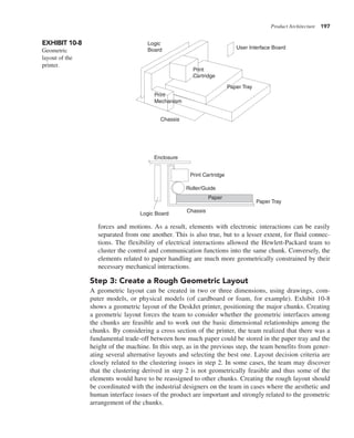Product Architecture 197
forces and motions. As a result, elements with electronic interactions can be easily
separated from one another. This is also true, but to a lesser extent, for fluid connec-
tions. The flexibility of electrical interactions allowed the Hewlett-Packard team to
cluster the control and communication functions into the same chunk. Conversely, the
elements related to paper handling are much more geometrically constrained by their
necessary mechanical interactions.
Step 3: Create a Rough Geometric Layout
A geometric layout can be created in two or three dimensions, using drawings, com-
puter models, or physical models (of cardboard or foam, for example). Exhibit 10-8
shows a geometric layout of the DeskJet printer, positioning the major chunks. Creating
a geometric layout forces the team to consider whether the geometric interfaces among
the chunks are feasible and to work out the basic dimensional relationships among the
chunks. By considering a cross section of the printer, the team realized that there was a
fundamental trade-off between how much paper could be stored in the paper tray and the
height of the machine. In this step, as in the previous step, the team benefits from gener-
ating several alternative layouts and selecting the best one. Layout decision criteria are
closely related to the clustering issues in step 2. In some cases, the team may discover
that the clustering derived in step 2 is not geometrically feasible and thus some of the
elements would have to be reassigned to other chunks. Creating the rough layout should
be coordinated with the industrial designers on the team in cases where the aesthetic and
human interface issues of the product are important and strongly related to the geometric
arrangement of the chunks.
EXHIBIT 10-8
Geometric
layout of the
printer.
Chassis
Paper
Roller/Guide
Print Cartridge
Paper Tray
Enclosure
Logic Board
Print
Mechanism
Paper Tray
User Interface Board
Print
Cartridge
Logic
Board
Chassis
 