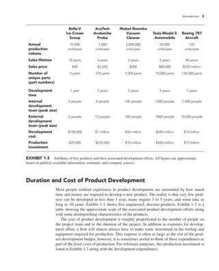 Introduction 5
Duration and Cost of Product Development
Most people without experience in product development are astounded by how much
time and money are required to develop a new product. The reality is that very few prod-
ucts can be developed in less than 1 year, many require 3 to 5 years, and some take as
long as 10 years. Exhibit 1-1 shows five engineered, discrete products. Exhibit 1-3 is a
table showing the approximate scale of the associated product development efforts along
with some distinguishing characteristics of the products.
The cost of product development is roughly proportional to the number of people on
the project team and to the duration of the project. In addition to expenses for develop-
ment effort, a firm will almost always have to make some investment in the tooling and
equipment required for production. This expense is often as large as the rest of the prod-
uct development budget; however, it is sometimes useful to think of these expenditures as
part of the fixed costs of production. For reference purposes, this production investment is
listed in Exhibit 1-3 along with the development expenditures.
Belle-V AvaTech iRobot Roomba
Ice Cream Avalanche Vacuum Tesla Model S Boeing 787
Scoop Probe Cleaner Automobile Aircraft
Annual 10,000 1,000 2,000,000 50,000 120
production units/year units/year units/year units/year units/year
volume
Sales lifetime 10 years 3 years 2 years 5 years 40 years
Sales price $40 $2,250 $500 $80,000 $250 million
Number of 2 parts 175 parts 1,000 parts 10,000 parts 130,000 parts
unique parts
(part numbers)
Development 1 year 2 years 2 years 4 years 7 years
time
Internal 4 people 6 people 100 people 1000 people 7,000 people
development
team (peak size)
External 2 people 12 people 100 people 1000 people 10,000 people
development
team (peak size)
Development $100,000 $1 million $50 million $500 million $15 billion
cost
Production $20,000 $250,000 $10 million $500 million $15 billion
investment
EXHIBIT 1-3 Attributes of five products and their associated development efforts. All figures are approximate,
based on publicly available information, estimates, and company sources.
 