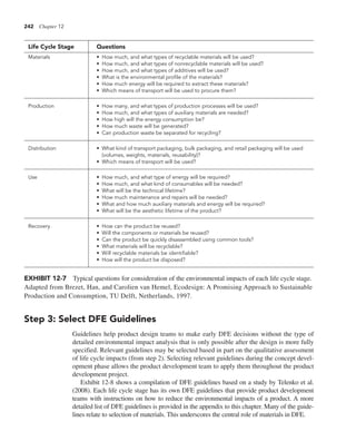 242 Chapter 12
Step 3: Select DFE Guidelines
Guidelines help product design teams to make early DFE decisions without the type of
detailed environmental impact analysis that is only possible after the design is more fully
specified. Relevant guidelines may be selected based in part on the qualitative assessment
of life cycle impacts (from step 2). Selecting relevant guidelines during the concept devel-
opment phase allows the product development team to apply them throughout the product
development project.
Exhibit 12-8 shows a compilation of DFE guidelines based on a study by Telenko et al.
(2008). Each life cycle stage has its own DFE guidelines that provide product development
teams with instructions on how to reduce the environmental impacts of a product. A more
detailed list of DFE guidelines is provided in the appendix to this chapter. Many of the guide-
lines relate to selection of materials. This underscores the central role of materials in DFE.
Life Cycle Stage Questions
Materials • How much, and what types of recyclable materials will be used?
• How much, and what types of nonrecyclable materials will be used?
• How much, and what types of additives will be used?
• What is the environmental profile of the materials?
• How much energy will be required to extract these materials?
• Which means of transport will be used to procure them?
Production • How many, and what types of production processes will be used?
• How much, and what types of auxiliary materials are needed?
• How high will the energy consumption be?
• How much waste will be generated?
• Can production waste be separated for recycling?
Distribution • What kind of transport packaging, bulk packaging, and retail packaging will be used
(volumes, weights, materials, reusability)?
• Which means of transport will be used?
Use • How much, and what type of energy will be required?
• How much, and what kind of consumables will be needed?
• What will be the technical lifetime?
• How much maintenance and repairs will be needed?
• What and how much auxiliary materials and energy will be required?
• What will be the aesthetic lifetime of the product?
Recovery • How can the product be reused?
• Will the components or materials be reused?
• Can the product be quickly disassembled using common tools?
• What materials will be recyclable?
• Will recyclable materials be identifiable?
• How will the product be disposed?
EXHIBIT 12-7 Typical questions for consideration of the environmental impacts of each life cycle stage.
Adapted from Brezet, Han, and Carolien van Hemel, Ecodesign: A Promising Approach to Sustainable
Production and Consumption, TU Delft, Netherlands, 1997.
 