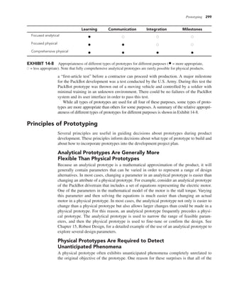 Prototyping 299
a “first-article test” before a contractor can proceed with production. A major milestone
for the PackBot development was a test conducted by the U.S. Army. During this test the
PackBot prototype was thrown out of a moving vehicle and controlled by a soldier with
minimal training in an unknown environment. There could be no failures of the PackBot
system and its user interface in order to pass this test.
While all types of prototypes are used for all four of these purposes, some types of proto-
types are more appropriate than others for some purposes. A summary of the relative appropri-
ateness of different types of prototypes for different purposes is shown in Exhibit 14-8.
Principles of Prototyping
Several principles are useful in guiding decisions about prototypes during product
development. These principles inform decisions about what type of prototype to build and
about how to incorporate prototypes into the development project plan.
Analytical Prototypes Are Generally More
Flexible Than Physical Prototypes
Because an analytical prototype is a mathematical approximation of the product, it will
generally contain parameters that can be varied in order to represent a range of design
alternatives. In most cases, changing a parameter in an analytical prototype is easier than
changing an attribute of a physical prototype. For example, consider an analytical prototype
of the PackBot drivetrain that includes a set of equations representing the electric motor.
One of the parameters in the mathematical model of the motor is the stall torque. Varying
this parameter and then solving the equations is much easier than changing an actual
motor in a physical prototype. In most cases, the analytical prototype not only is easier to
change than a physical prototype but also allows larger changes than could be made in a
physical prototype. For this reason, an analytical prototype frequently precedes a physi-
cal prototype. The analytical prototype is used to narrow the range of feasible param-
eters, and then the physical prototype is used to fine-tune or confirm the design. See
Chapter 15, Robust Design, for a detailed example of the use of an analytical prototype to
explore several design parameters.
Physical Prototypes Are Required to Detect
Unanticipated Phenomena
A physical prototype often exhibits unanticipated phenomena completely unrelated to
the original objective of the prototype. One reason for these surprises is that all of the
Learning Communication Integration Milestones
Focused analytical
•
Focused physical
• •
Comprehensive physical
• • • •
EXHIBIT 14-8 Appropriateness of different types of prototypes for different purposes (• = more appropriate,
= less appropriate). Note that fully comprehensive analytical prototypes are rarely possible for physical products.
 
