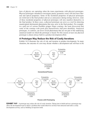 300 Chapter 14
EXHIBIT 14-9 A prototype may reduce the risk of costly iteration. Taking time to build and test a prototype may
allow the development team to detect a problem that would otherwise not have been detected until after a costly
development activity, such as building an injection mold.
Build
Injection
Mold
Test
Part
Fit
Test
Part
Fit
Build
Prototype
Part
Build
Injection
Mold
Test
Part
Fit
Probability
of success
0.70
Probability
of success
0.70
Probability
of success
0.95
Probability
of iteration
0.30
Probability
of iteration
0.05
Probability
of iteration
0.30
Conventional Process
Process with Prototyping
laws of physics are operating when the team experiments with physical prototypes.
Physical prototypes intended to investigate purely geometric issues will also have ther-
mal and optical properties. Some of the incidental properties of physical prototypes
are irrelevant to the final product and act as annoyances during testing; however, some
of these incidental properties of physical prototypes will also manifest themselves in
the final product. In these cases, a physical prototype can serve as a tool for detecting
unanticipated detrimental phenomena that may arise in the final product. For example,
in a pull test of various PackBot gripper finger coatings, the team discovered that
some of the coatings with good grip characteristics had poor durability. Analytical
prototypes, in contrast, can never reveal phenomena that are not part of the underlying
analytical model on which the prototype is based. For this reason at least one physical
prototype is almost always built in a product development effort.
A Prototype May Reduce the Risk of Costly Iterations
Exhibit 14-9 illustrates the role of risk and iteration in product development. In many
situations, the outcome of a test may dictate whether a development task will have to be
 