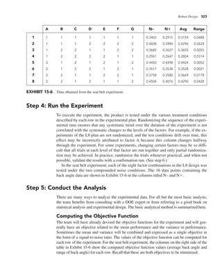 Robust Design 323
Step 4: Run the Experiment
To execute the experiment, the product is tested under the various treatment conditions
described by each row in the experimental plan. Randomizing the sequence of the experi-
mental runs ensures that any systematic trend over the duration of the experiment is not
correlated with the systematic changes to the levels of the factors. For example, if the ex-
periments of the L8 plan are not randomized, and the test conditions drift over time, this
effect may be incorrectly attributed to factor A because this column changes halfway
through the experiment. For some experiments, changing certain factors may be so diffi-
cult that all trials at each level of that factor are run together and only partial randomiza-
tion may be achieved. In practice, randomize the trials whenever practical, and when not
possible, validate the results with a confirmation run. (See step 6.)
In the seat belt experiment, each of the eight factor combinations in the L8 design was
tested under the two compounded noise conditions. The 16 data points containing the
back angle data are shown in Exhibit 15-6 in the columns titled N– and N1.
Step 5: Conduct the Analysis
There are many ways to analyze the experimental data. For all but the most basic analysis,
the team benefits from consulting with a DOE expert or from referring to a good book on
statistical analysis and experimental design. The basic analytical method is summarized here.
Computing the Objective Function
The team will have already devised the objective functions for the experiment and will gen-
erally have an objective related to the mean performance and the variance in performance.
Sometimes the mean and variance will be combined and expressed as a single objective in
the form of a signal-to-noise ratio. The values of the objective function can be computed for
each row of the experiment. For the seat belt experiment, the columns on the right side of the
table in Exhibit 15-6 show the computed objective function values (average back angle and
range of back angle) for each row. Recall that these are both objectives to be minimized.
A B C D E F G N– N1 Avg Range
1 1 1 1 1 1 1 1 0.3403 0.2915 0.3159 0.0488
2 1 1 1 2 2 2 2 0.4608 0.3984 0.4296 0.0624
3 1 2 2 1 1 2 2 0.3682 0.3627 0.3655 0.0055
4 1 2 2 2 2 1 1 0.2961 0.2647 0.2804 0.0314
5 2 1 2 1 2 1 2 0.4450 0.4398 0.4424 0.0052
6 2 1 2 2 1 2 1 0.3517 0.3538 0.3528 0.0021
7 2 2 1 1 2 2 1 0.3758 0.3580 0.3669 0.0178
8 2 2 1 2 1 1 2 0.4504 0.4076 0.4290 0.0428
EXHIBIT 15-6 Data obtained from the seat belt experiment.
 