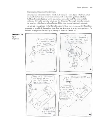 Design of Services 359
For instance, the concept for Zipcar is
Zipcar provides automobile rental for periods of 30 minutes to 4 hours. Zipcar vehicles are parked
in specially marked spaces in convenient locations, such as adjacent to apartment and office
buildings. Users join the Zipcar service and receive a membership card. They reserve vehicles
online, use their card to access the vehicle, and then drive away. They simply return the vehicle to
the same spot within the reserved rental period. Billing to the customer’s account is automatic.
A service concept can be further elaborated with a storyboard. A storyboard is a
sequence of graphical illustrations that show the key steps in a service experience. For
instance, a storyboard for the Zipcar concept is shown in Exhibit 17-3.
EXHIBIT 17-3
Zipcar
storyboard.
 