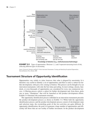 36 Chapter 3
Tournament Structure of Opportunity Identification
Opportunities vary widely in value; however, that value is plagued by uncertainty. It is
therefore very useful to identify a set of opportunities and then to select a subset for fur-
ther development, with just a few coming to fruition. This process can be thought of as an
innovation tournament, with only the best ideas prevailing. In most settings, dozens, hun-
dreds, or even thousands of opportunities are considered for every one commercial suc-
cess. A filtering process selects a subset for further development and, from those, picks
one or more “champions” that will be launched as full product development efforts.
Exhibit 3-4 illustrates this tournament structure.
The opportunity identification process embodied in an innovation tournament precedes
the product development process as shown in Exhibit 3-4. While both the opportunity
identification process and the product development process consist of development steps
and selection steps, the overarching goals of the two activities are quite different. In
opportunity identification, the goal is to generate a large number of opportunities and effi-
ciently kill those that are not worthy of further investment. In the product development
Knowledge of Solution (e.g., method/process/technology)
Knowledge
of
Need
(e.g.,
user/market)
Existing
solution that
we currently use
Existing
solution that
we do not use
New
solution
Existing
need/market that
we currently
serve
Existing
need/market
that
we do not
address
New
need/market
H
o
r
i
z
o
n
3
O
p
p
o
r
t
u
n
i
t
i
e
s
H
o
r
i
z
o
n
1
O
p
p
o
r
t
u
n
i
t
i
e
s
H
o
r
i
z
o
n
2
O
p
p
o
r
t
u
n
i
t
i
e
s
Improvements,
extensions,
variants,
and cost reductions
Adjacent
growth
Next generation
products and services
for core markets
Exploration into
new markets
New-category
products and
service
Exploration
with new
solutions,
approaches
EXHIBIT 3-3 Types of opportunities. Horizons 1, 2, and 3 represent increasing levels of risk,
reflecting different types of uncertainty.
Source: Terwiesch, Christian, and Karl T. Ulrich, Innovation Tournaments: Creating and Identifying Exceptional Opportunities,
Harvard Business Press, Boston, 2009
 