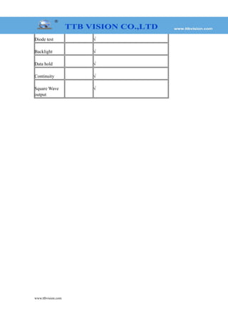 Diode test √
Backlight √
Data hold √
Continuity √
Square Wave
output
√
www.ttbvision.com