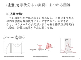 (注意51) 事後分布の実現にまつわる困難
(1) 次元の呪い
もし事後分布が陽に与えられるなら、それにまつわる
平均は愚直な数値積分によって求めることができる。し
かし、パラメータの次元が大きくなると格子点が爆発的
に増え、計算の効率が非常に悪くなる。
https://slideplayer.com/slide/3526023/http://www.isc.meiji.ac.jp/~re00108/ch03/index.html
න
0
1
𝑓 𝑤 𝑝 𝑤 𝑑𝑤 ≈
1
𝐾
෍
𝑘=1
𝐾
𝑓
𝑘
𝐾
𝑝
𝑘
𝐾
https://arxiv.org/abs/1701.02434
6
 
