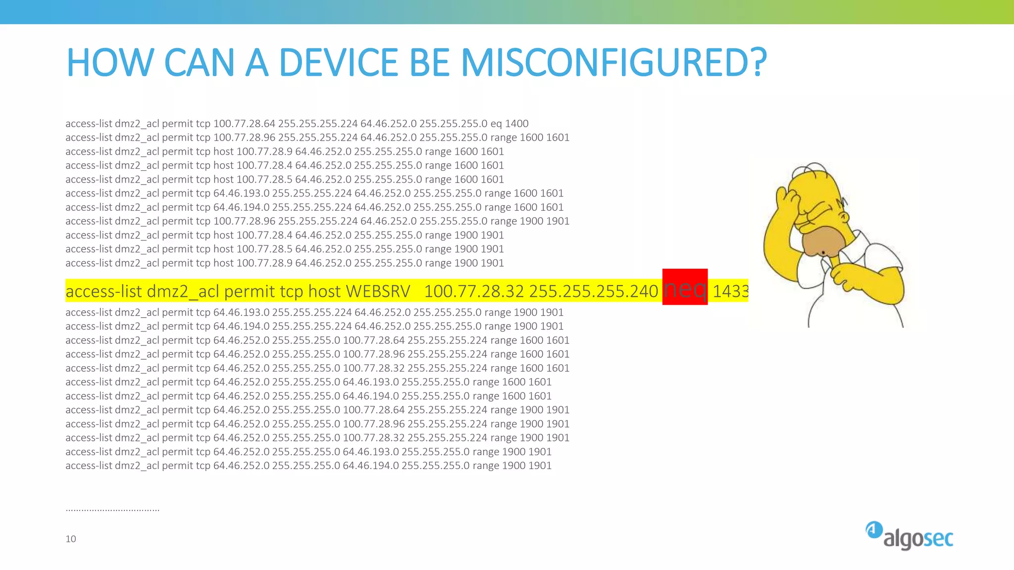 HOW CAN A DEVICE BE MISCONFIGURED?
access-list dmz2_acl permit tcp 100.77.28.64 255.255.255.224 64.46.252.0 255.255.255.0 eq 1400
access-list dmz2_acl permit tcp 100.77.28.96 255.255.255.224 64.46.252.0 255.255.255.0 range 1600 1601
access-list dmz2_acl permit tcp host 100.77.28.9 64.46.252.0 255.255.255.0 range 1600 1601
access-list dmz2_acl permit tcp host 100.77.28.4 64.46.252.0 255.255.255.0 range 1600 1601
access-list dmz2_acl permit tcp host 100.77.28.5 64.46.252.0 255.255.255.0 range 1600 1601
access-list dmz2_acl permit tcp 64.46.193.0 255.255.255.224 64.46.252.0 255.255.255.0 range 1600 1601
access-list dmz2_acl permit tcp 64.46.194.0 255.255.255.224 64.46.252.0 255.255.255.0 range 1600 1601
access-list dmz2_acl permit tcp 100.77.28.96 255.255.255.224 64.46.252.0 255.255.255.0 range 1900 1901
access-list dmz2_acl permit tcp host 100.77.28.4 64.46.252.0 255.255.255.0 range 1900 1901
access-list dmz2_acl permit tcp host 100.77.28.5 64.46.252.0 255.255.255.0 range 1900 1901
access-list dmz2_acl permit tcp host 100.77.28.9 64.46.252.0 255.255.255.0 range 1900 1901
access-list dmz2_acl permit tcp host WEBSRV 100.77.28.32 255.255.255.240 neq1433
access-list dmz2_acl permit tcp 64.46.193.0 255.255.255.224 64.46.252.0 255.255.255.0 range 1900 1901
access-list dmz2_acl permit tcp 64.46.194.0 255.255.255.224 64.46.252.0 255.255.255.0 range 1900 1901
access-list dmz2_acl permit tcp 64.46.252.0 255.255.255.0 100.77.28.64 255.255.255.224 range 1600 1601
access-list dmz2_acl permit tcp 64.46.252.0 255.255.255.0 100.77.28.96 255.255.255.224 range 1600 1601
access-list dmz2_acl permit tcp 64.46.252.0 255.255.255.0 100.77.28.32 255.255.255.224 range 1600 1601
access-list dmz2_acl permit tcp 64.46.252.0 255.255.255.0 64.46.193.0 255.255.255.0 range 1600 1601
access-list dmz2_acl permit tcp 64.46.252.0 255.255.255.0 64.46.194.0 255.255.255.0 range 1600 1601
access-list dmz2_acl permit tcp 64.46.252.0 255.255.255.0 100.77.28.64 255.255.255.224 range 1900 1901
access-list dmz2_acl permit tcp 64.46.252.0 255.255.255.0 100.77.28.96 255.255.255.224 range 1900 1901
access-list dmz2_acl permit tcp 64.46.252.0 255.255.255.0 100.77.28.32 255.255.255.224 range 1900 1901
access-list dmz2_acl permit tcp 64.46.252.0 255.255.255.0 64.46.193.0 255.255.255.0 range 1900 1901
access-list dmz2_acl permit tcp 64.46.252.0 255.255.255.0 64.46.194.0 255.255.255.0 range 1900 1901
………………………………
10
 
