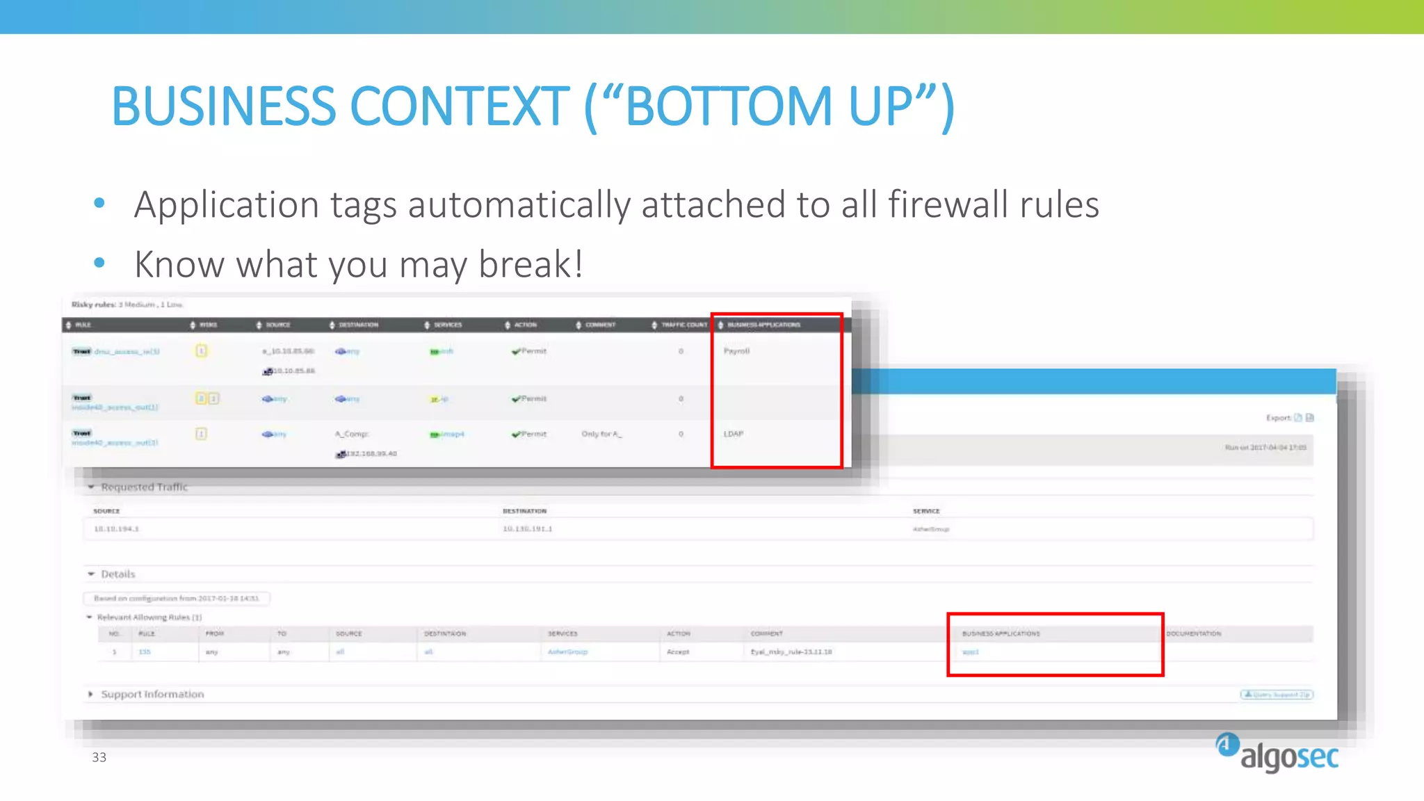 • Application tags automatically attached to all firewall rules
• Know what you may break!
BUSINESS CONTEXT (“BOTTOM UP”)
33
 