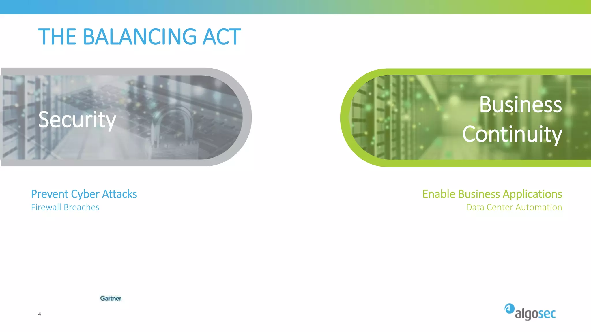 THE BALANCING ACT
Security
Business
Continuity
Prevent Cyber Attacks
Firewall Breaches
Enable Business Applications
Data Center Automation
4
 