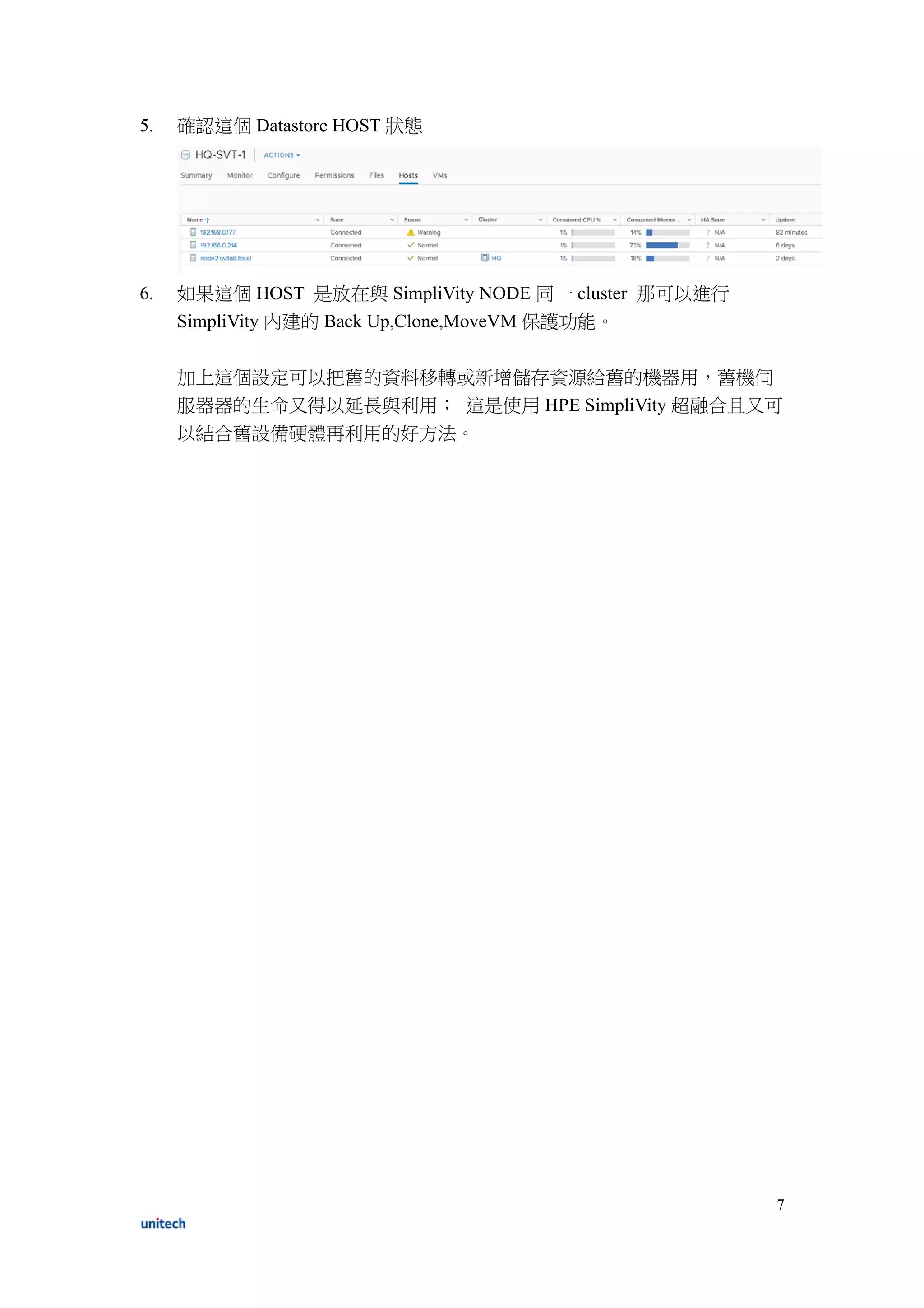 7
5. 確認這個 Datastore HOST 狀態
6. 如果這個 HOST 是放在與 SimpliVity NODE 同一 cluster 那可以進行
SimpliVity 內建的 Back Up,Clone,MoveVM 保護功能。
加上這個設定可以把舊的資料移轉或新增儲存資源給舊的機器用，舊機伺
服器器的生命又得以延長與利用； 這是使用 HPE SimpliVity 超融合且又可
以結合舊設備硬體再利用的好方法。
 