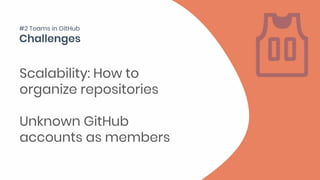Scalability: How to
organize repositories
Unknown GitHub
accounts as members
#2 Teams in GitHub
 