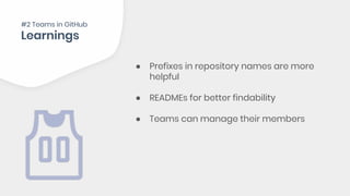 ● Prefixes in repository names are more
helpful
● READMEs for better findability
● Teams can manage their members
#2 Teams in GitHub
 