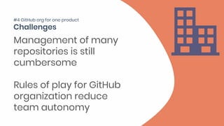 Management of many
repositories is still
cumbersome
Rules of play for GitHub
organization reduce
team autonomy
#4 GitHub org for one product
 