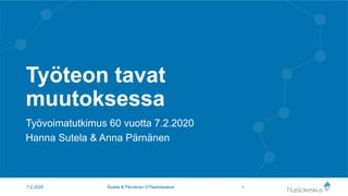Työteon tavat
muutoksessa
Työvoimatutkimus 60 vuotta 7.2.2020
Hanna Sutela & Anna Pärnänen
17.2.2020 Sutela & Pärnänen ©Tilastokeskus
 