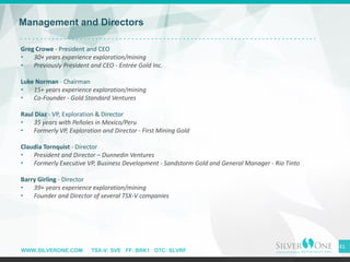 WWW.SILVERONE.COM TSX-V: SVE FF: BRK1 OTC: SLVRF
Management and Directors
41
Greg Crowe - President and CEO
• 30+ years experience exploration/mining
• Previously President and CEO - Entrée Gold Inc.
Luke Norman - Chairman
• 15+ years experience exploration/mining
• Co-Founder - Gold Standard Ventures
Raul Diaz - VP, Exploration & Director
• 35 years with Peñoles in Mexico/Peru
• Formerly VP, Exploration and Director - First Mining Gold
Claudia Tornquist - Director
• President and Director – Dunnedin Ventures
• Formerly Executive VP, Business Development - Sandstorm Gold and General Manager - Rio Tinto
Barry Girling - Director
• 39+ years experience exploration/mining
• Founder and Director of several TSX-V companies
 