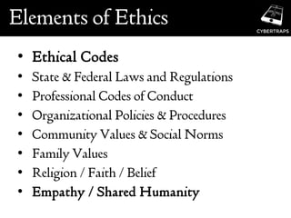 Elements of Ethics
• Ethical Codes
• State & Federal Laws and Regulations
• Professional Codes of Conduct
• Organizational Policies & Procedures
• Community Values & Social Norms
• Family Values
• Religion / Faith / Belief
• Empathy / Shared Humanity
 