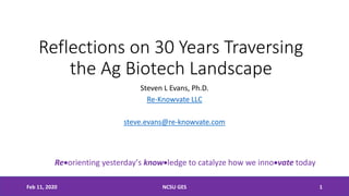 Reflections on 30 Years Traversing
the Ag Biotech Landscape
Steven L Evans, Ph.D.
Re-Knowvate LLC
steve.evans@re-knowvate.com
Feb 11, 2020 NCSU GES 1
Re•orienting yesterday’s know•ledge to catalyze how we inno•vate today
 