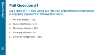 © 2020
Health
Catalyst
On a scale of 1-4, how would you rate your organization’s effectiveness
in engaging physicians in i...