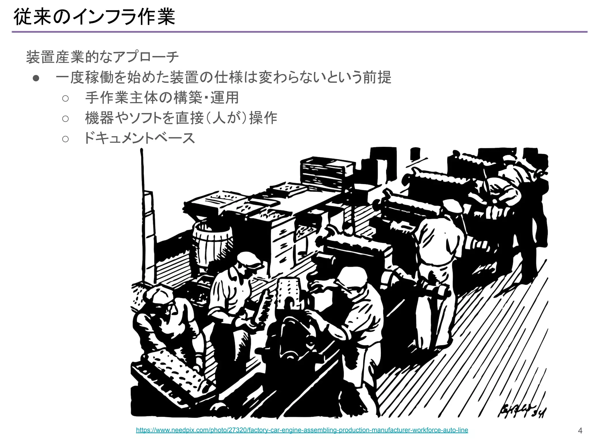 従来のインフラ作業
装置産業的なアプローチ
● 一度稼働を始めた装置の仕様は変わらないという前提
○ 手作業主体の構築・運用
○ 機器やソフトを直接（人が）操作
○ ドキュメントベース
4https://www.needpix.com/photo/27320/factory-car-engine-assembling-production-manufacturer-workforce-auto-line
 