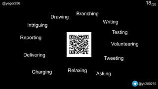 /20@yegor256
@yb200210
18
Drawing
Writing
Reporting
Volunteering
Charging Relaxing
Asking
Tweeting
Testing
Branching
Delivering
Intriguing
 