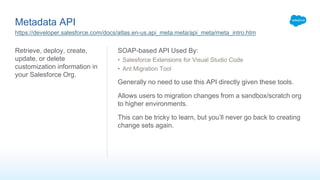 Metadata API
Retrieve, deploy, create,
update, or delete
customization information in
your Salesforce Org.
SOAP-based API Used By:
• Salesforce Extensions for Visual Studio Code
• Ant Migration Tool
Generally no need to use this API directly given these tools.
Allows users to migration changes from a sandbox/scratch org
to higher environments.
This can be tricky to learn, but you’ll never go back to creating
change sets again.
https://developer.salesforce.com/docs/atlas.en-us.api_meta.meta/api_meta/meta_intro.htm
 