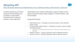 Streaming API
Enables streaming of events
using push technology and
provides a subscription
mechanism for receiving
events in near real time.
Subscribers can receive notifications using CometD, some
types of events support Apex triggers, Process Builder, and
Flow Builder.
Supported Events:
• PushTopic Event – Changes to records based on user-defined
SOQL Query
• Change Data Capture Event – Changes to records, event includes
all changed fields.
• Supports more standard objects than PushTopic and provides more
features
• Platform Events – Custom payloads with pre-defined schema
• Generic Events – Arbitrary payloads without defined schema
https://developer.salesforce.com/docs/atlas.en-us.api_streaming.meta/api_streaming/intro_stream.htm
 