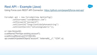 ForceApi api = new ForceApi(new ApiConfig()
.setUsername("user@domain.com")
.setPassword("password")
.setClientId("longclientidalphanumstring")
.setClientSecret("notsolongnumeric"));
a = new Account();
a.setName("Perhaps existing account");
a.setAnnualRevenue(3141592.65);
api.createOrUpdateSObject("account", "externalId__c", "1234", a);
Rest API – Example (Java)
Using Force.com REST API Connector: https://github.com/jesperfj/force-rest-api/
 