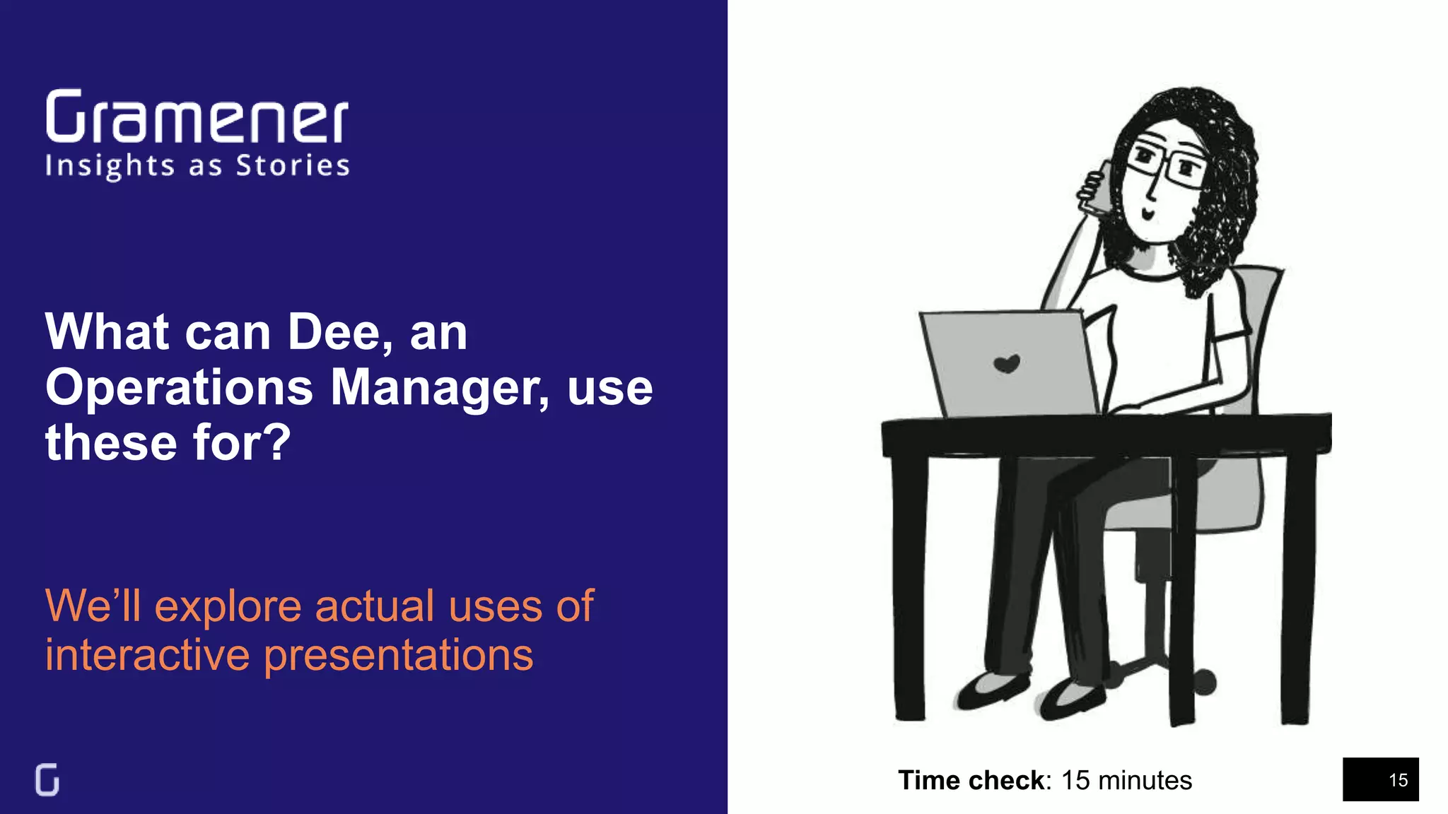 What can Dee, an
Operations Manager, use
these for?
We’ll explore actual uses of
interactive presentations
15Time check: 15 minutes
 