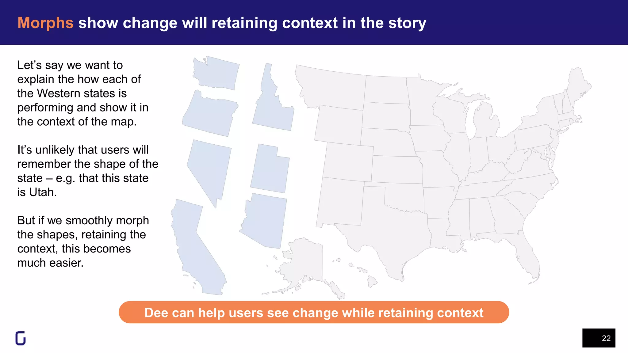 Morphs show change will retaining context in the story
22
Dee can help users see change while retaining context
Let’s say we want to
explain the how each of
the Western states is
performing and show it in
the context of the map.
It’s unlikely that users will
remember the shape of the
state – e.g. that this state
is Utah.
But if we smoothly morph
the shapes, retaining the
context, this becomes
much easier.
 