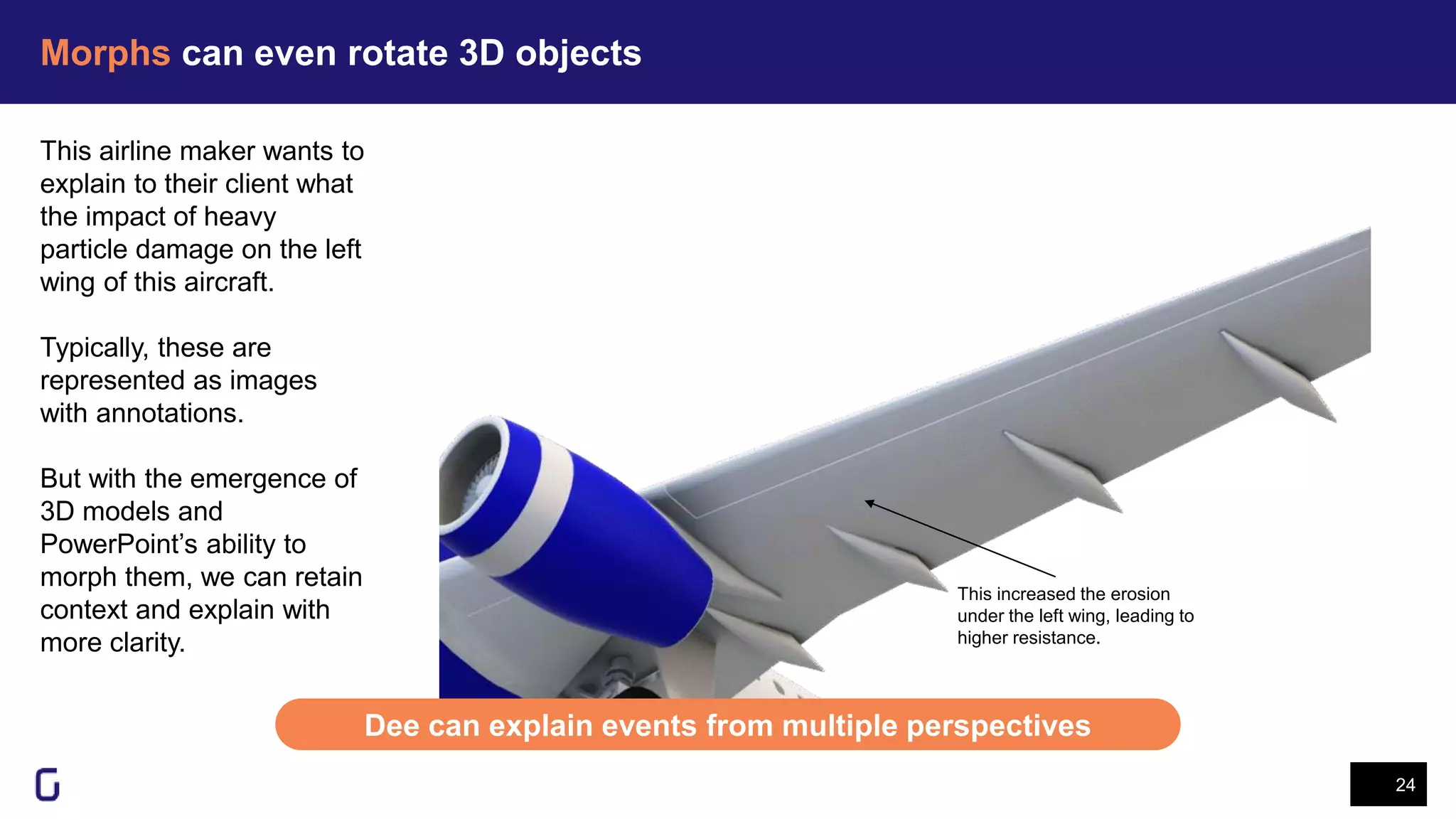 Morphs can even rotate 3D objects
24
This increased the erosion
under the left wing, leading to
higher resistance.
This airline maker wants to
explain to their client what
the impact of heavy
particle damage on the left
wing of this aircraft.
Typically, these are
represented as images
with annotations.
But with the emergence of
3D models and
PowerPoint’s ability to
morph them, we can retain
context and explain with
more clarity.
Dee can explain events from multiple perspectives
 