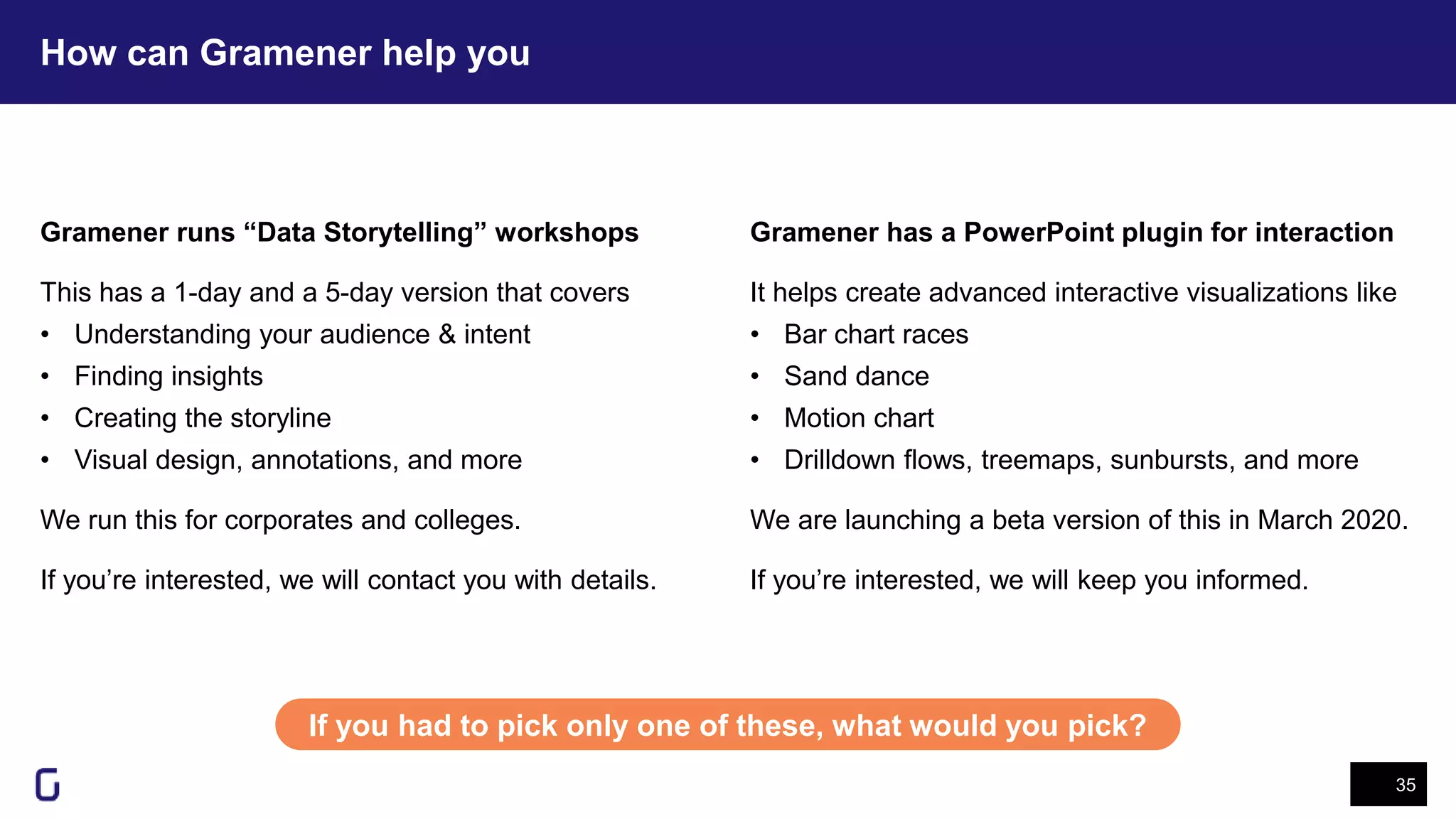 How can Gramener help you
35
If you had to pick only one of these, what would you pick?
Gramener runs “Data Storytelling” workshops
This has a 1-day and a 5-day version that covers
• Understanding your audience & intent
• Finding insights
• Creating the storyline
• Visual design, annotations, and more
We run this for corporates and colleges.
If you’re interested, we will contact you with details.
Gramener has a PowerPoint plugin for interaction
It helps create advanced interactive visualizations like
• Bar chart races
• Sand dance
• Motion chart
• Drilldown flows, treemaps, sunbursts, and more
We are launching a beta version of this in March 2020.
If you’re interested, we will keep you informed.
 