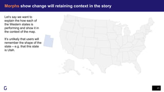 Morphs show change will retaining context in the story
21
Let’s say we want to
explain the how each of
the Western states is
performing and show it in
the context of the map.
It’s unlikely that users will
remember the shape of the
state – e.g. that this state
is Utah.
 