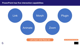 PowerPoint has five interaction capabilities
4
Let’s learn what these are
Link Morph Plugin
Animate Zoom
No, let’s jump to the use cases
 