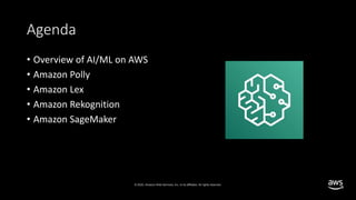 © 2020, Amazon Web Services, Inc. or its affiliates. All rights reserved.
Agenda
• Overview of AI/ML on AWS
• Amazon Polly
• Amazon Lex
• Amazon Rekognition
• Amazon SageMaker
 
