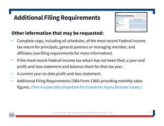 IneligibleEntities
What are some of the businesses that are ineligible for an Economic
Injury Disaster Loan?
• Agricultura...