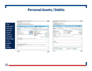 PersonalAssets/ Debits
31
The
applicant
and any
partner
would
need to
provide
informatio
n on
assets
and
debits
 