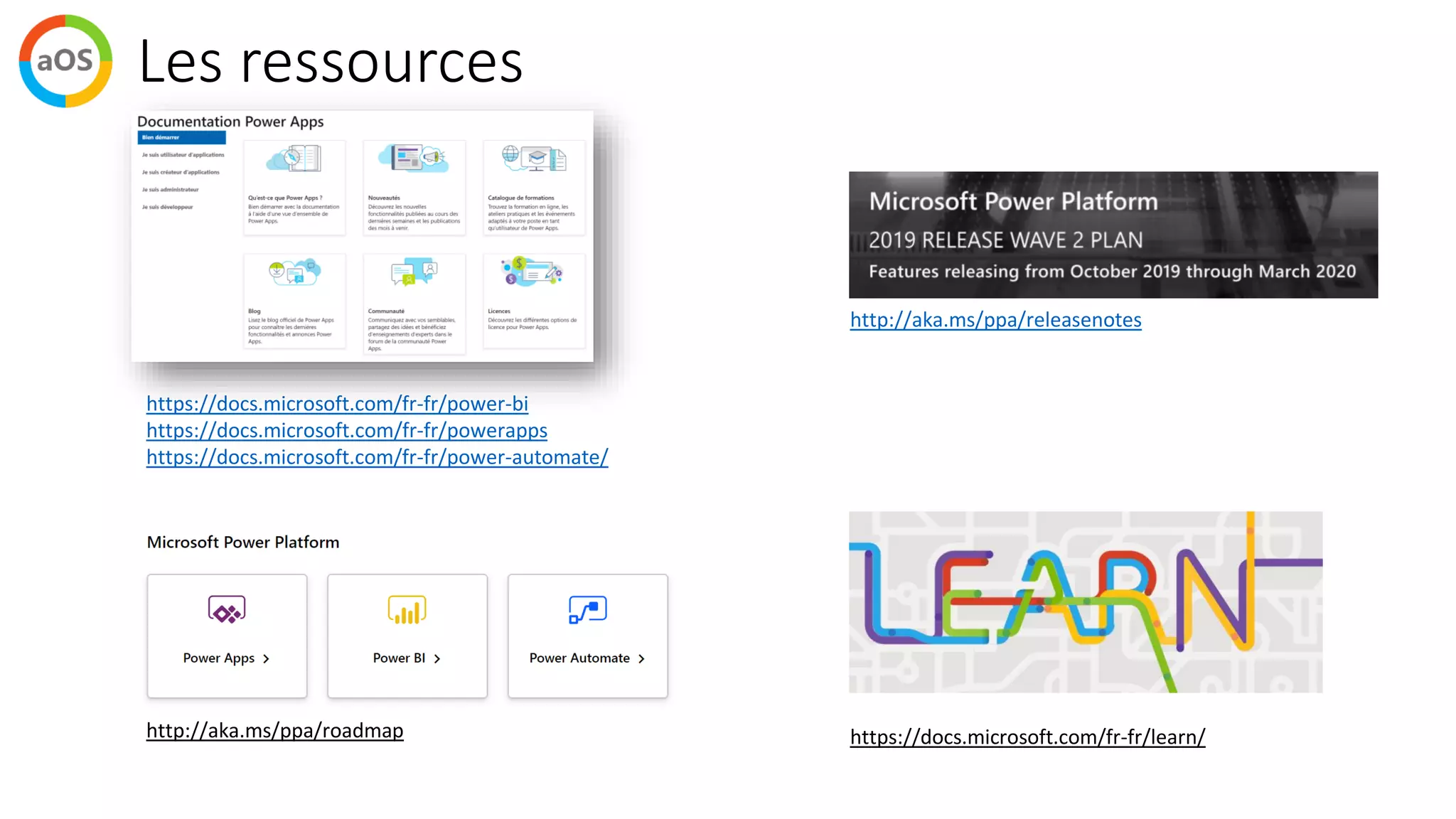 Les ressources
https://docs.microsoft.com/fr-fr/power-bi
https://docs.microsoft.com/fr-fr/powerapps
https://docs.microsoft.com/fr-fr/power-automate/
http://aka.ms/ppa/roadmap
http://aka.ms/ppa/releasenotes
https://docs.microsoft.com/fr-fr/learn/
 