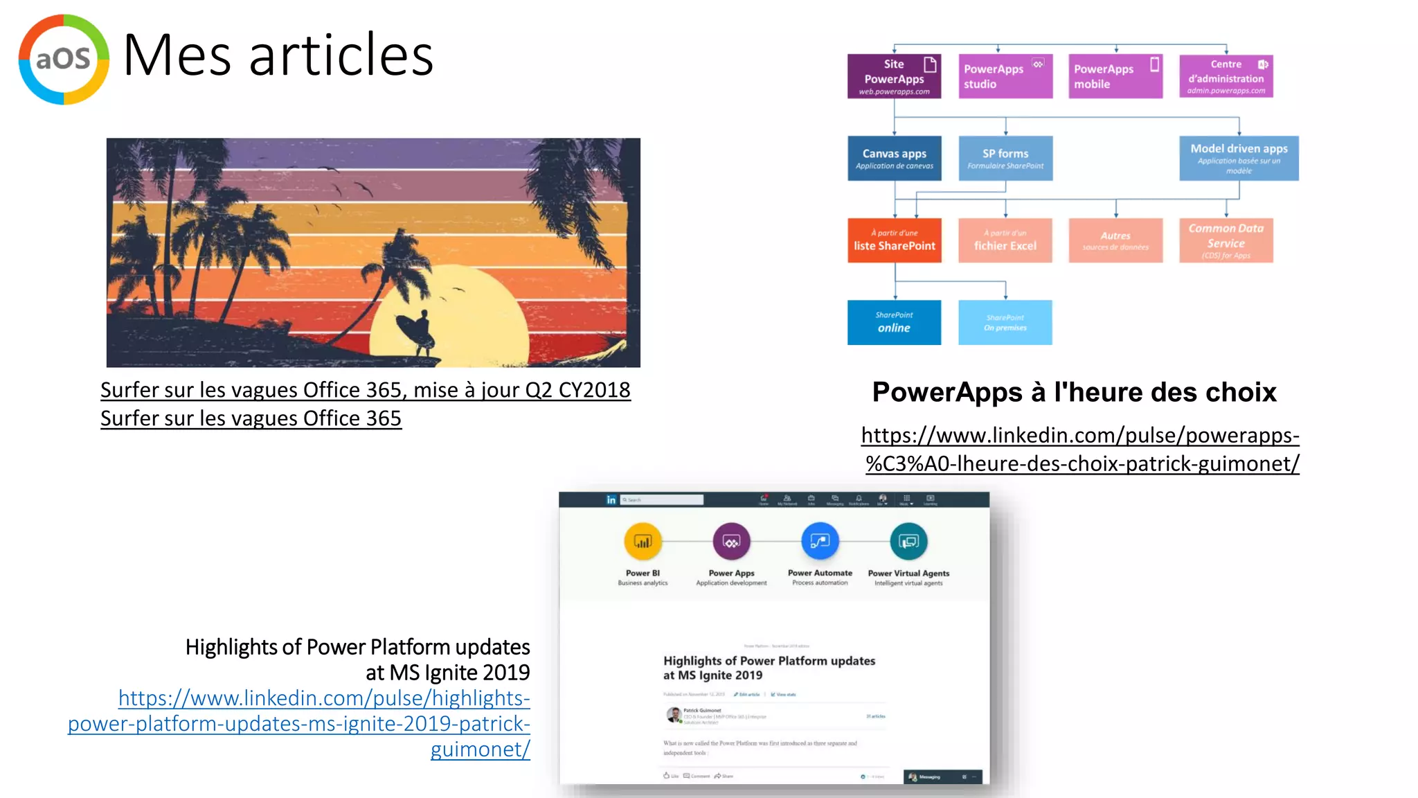 Mes articles
Surfer sur les vagues Office 365, mise à jour Q2 CY2018
Surfer sur les vagues Office 365
PowerApps à l'heure des choix
https://www.linkedin.com/pulse/powerapps-
%C3%A0-lheure-des-choix-patrick-guimonet/
Highlights of Power Platform updates
at MS Ignite 2019
https://www.linkedin.com/pulse/highlights-
power-platform-updates-ms-ignite-2019-patrick-
guimonet/
 