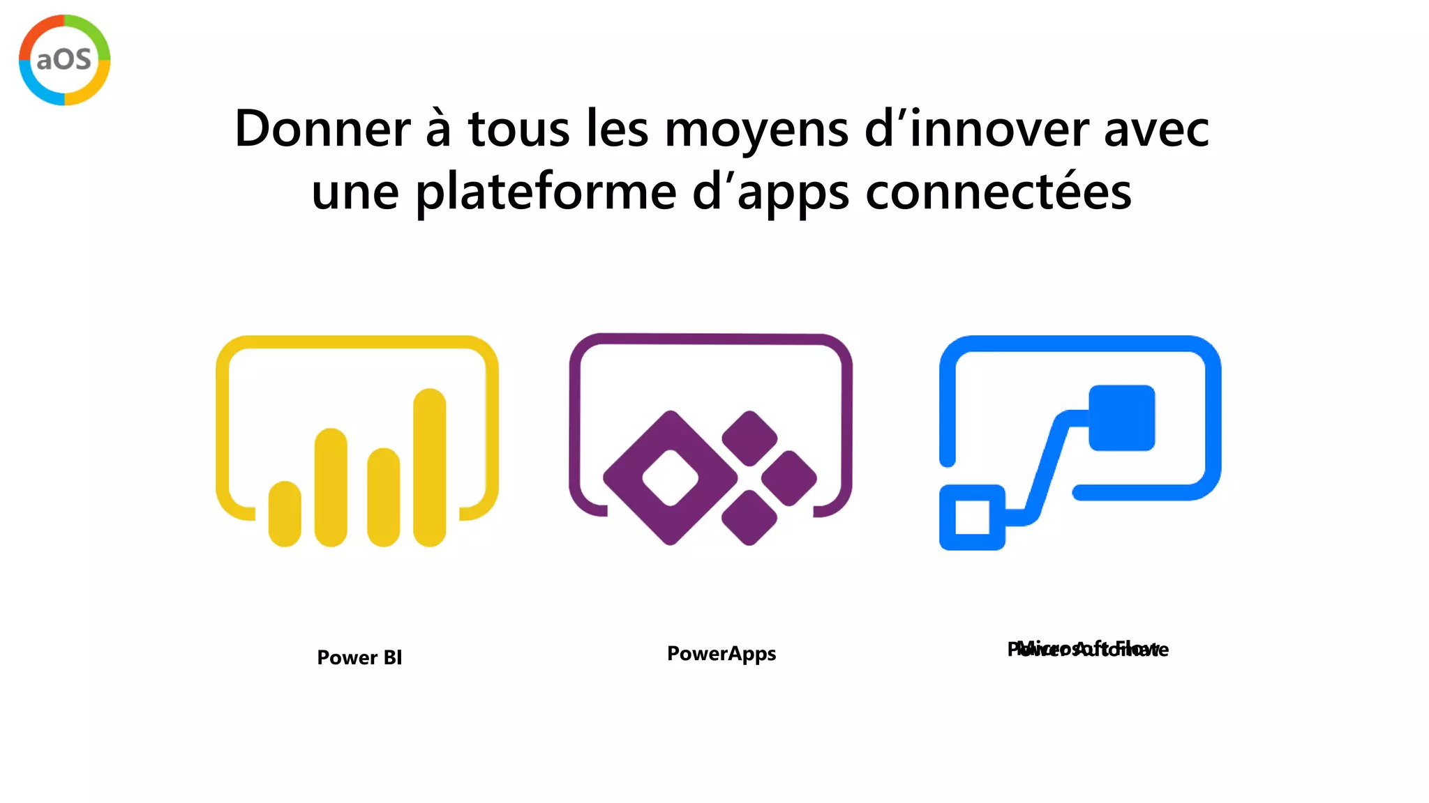 Donner à tous les moyens d’innover avec
une plateforme d’apps connectées
PowerAppsPower BI Microsoft FlowPower Automate
 