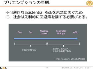 プリエンプションの原則:
進化の終焉とシンギュラリティ・セミナー10
失敗にまなべる
最初から首尾よく
対処する必要がある
(Max Tegmark, 2019)より改変
不可逆的なExistential Riskを未然に防ぐため
に、社会は先制的に回避策を講ずる必要がある。
Fire Car
Nuclear
power
AGI
Synthetic
biology
 