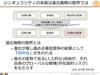 シンギュラリティの本質は進化戦略の限界では
進化の終焉とシンギュラリティ・セミナー4
進化戦略の限界とは
– 進化が推し進める軍拡競争の結果として
「局所性」が失われる
– 進化の産物である(人工的な)技術が、それ
自身のグローバルな破壊(存在論的リスク)
をもたらす (山川、2019年12月12日)
自律分散 多様化 局所的な競争
自律分散 多様化 大域的な競争
技術進展により、容易に
広域かつ大きな力を得られるように
 