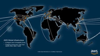 © 2020, Amazon Web Services, Inc. or its affiliates. All rights reserved.© 2020, Amazon Web Services, Inc. or its affiliates. All rights reserved.
AWS Global Infrastructure
• 22 Regions with 70 Availability Zones
• 5 Regions coming soon: Cape Town
Jakarta, Milan, Spain, Osaka
 