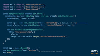 © 2020, Amazon Web Services, Inc. or its affiliates. All rights reserved.
import ec2 = require('@aws-cdk/aws-ec2');
import ecs = require('@aws-cdk/aws-ecs');
import cdk = require('@aws-cdk/cdk');
class BonjourFargate extends cdk.Stack {
constructor(parent: cdk.App, name: string, props?: cdk.StackProps) {
super(parent, name, props);
const vpc = new ec2.VpcNetwork(this, ‘DevConfVpc', { maxAZs: 3 });
const cluster = new ecs.Cluster(this, ‘DevConfCluster', { vpc });
new ecs.LoadBalancedFargateService(
this, "FargateService", {
cluster,
image: ecs.DockerHub.image("amazon/amazon-ecs-sample"),
});
}
}
const app = new cdk.App();
new BonjourFargate(app, 'Bonjour');
app.run();
 