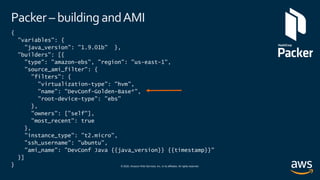© 2020, Amazon Web Services, Inc. or its affiliates. All rights reserved.
Packer – building andAMI
{
"variables": {
”java_version": ”1.9.01b" },
"builders": [{
"type": "amazon-ebs", "region": "us-east-1",
"source_ami_filter": {
"filters": {
"virtualization-type": "hvm",
"name": "DevConf-Golden-Base*",
"root-device-type": "ebs"
},
"owners": [”self"],
"most_recent": true
},
"instance_type": "t2.micro",
"ssh_username": "ubuntu",
"ami_name": ”DevConf Java {{java_version}} {{timestamp}}"
}]
}
 