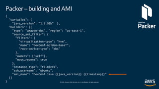 © 2020, Amazon Web Services, Inc. or its affiliates. All rights reserved.
Packer – building andAMI
{
"variables": {
”java_version": ”1.9.01b" },
"builders": [{
"type": "amazon-ebs", "region": "us-east-1",
"source_ami_filter": {
"filters": {
"virtualization-type": "hvm",
"name": "DevConf-Golden-Base*",
"root-device-type": "ebs"
},
"owners": [”self"],
"most_recent": true
},
"instance_type": "t2.micro",
"ssh_username": "ubuntu",
"ami_name": ”DevConf Java {{java_version}} {{timestamp}}"
}]
}
 