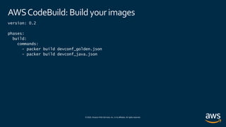 © 2020, Amazon Web Services, Inc. or its affiliates. All rights reserved.
AWSCodeBuild: Build your images
version: 0.2
phases:
build:
commands:
- packer build devconf_golden.json
- packer build devconf_java.json
 