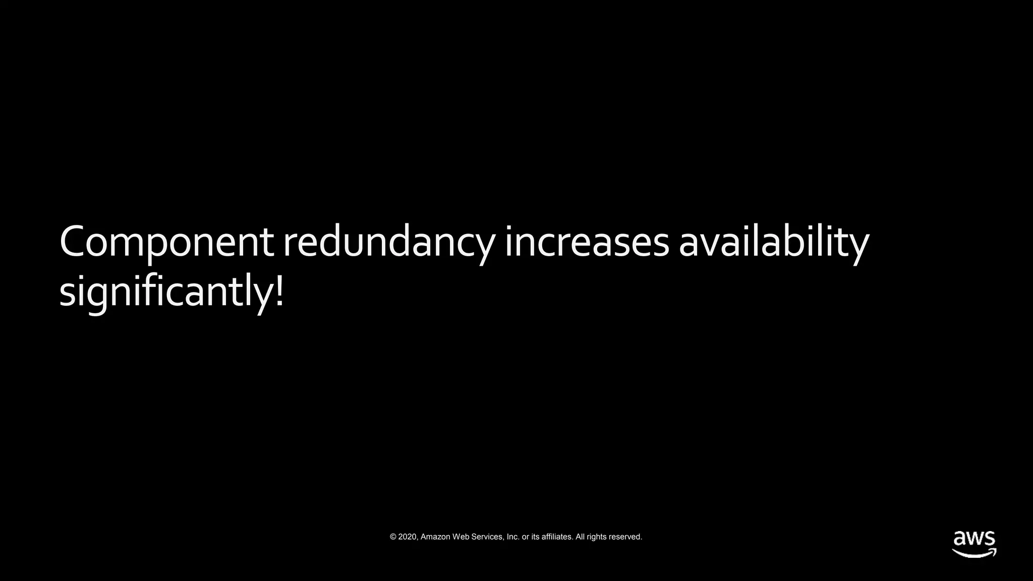 © 2020, Amazon Web Services, Inc. or its affiliates. All rights reserved.
Componentredundancyincreases availability
significantly!
 