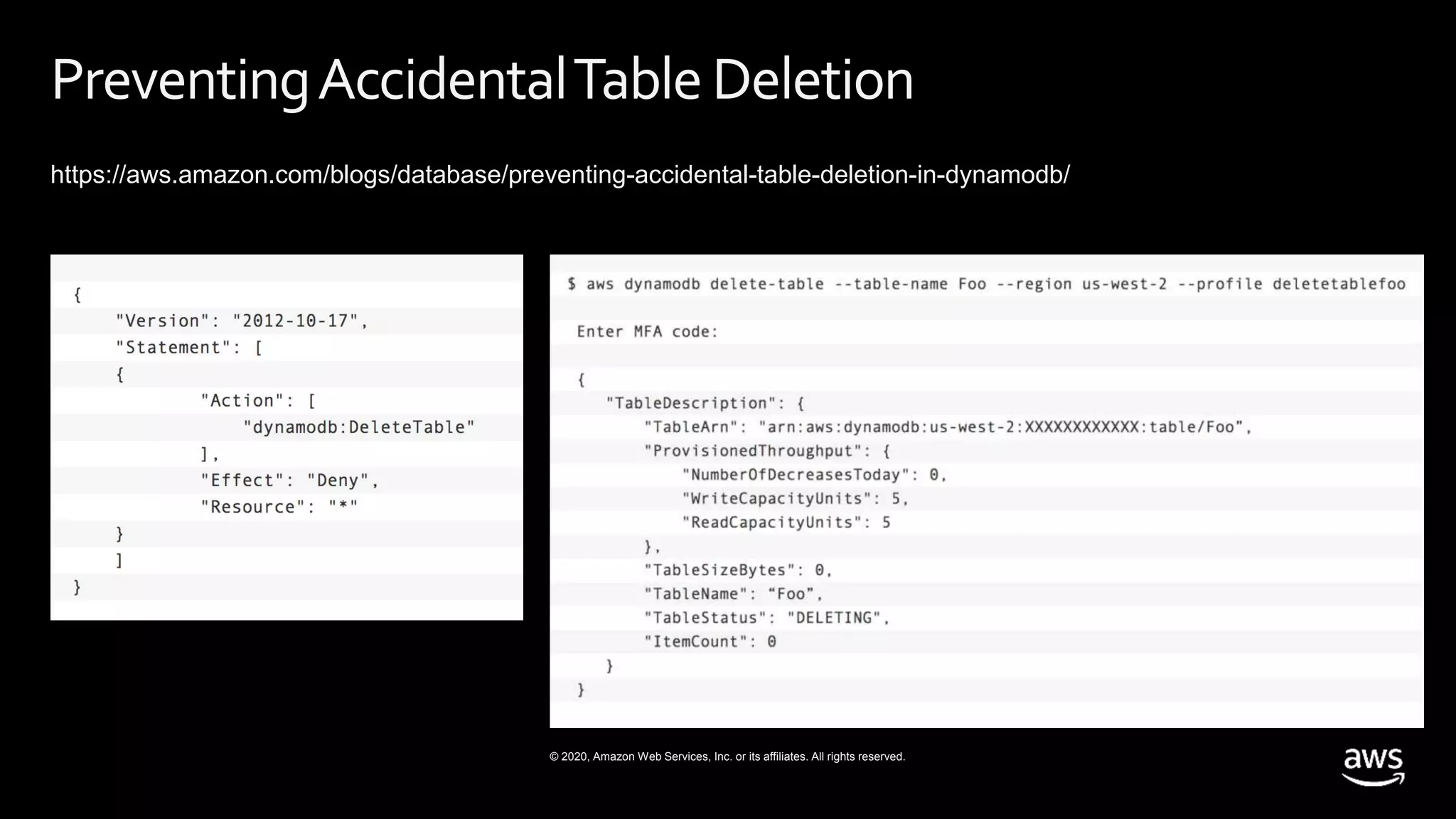 © 2020, Amazon Web Services, Inc. or its affiliates. All rights reserved.
PreventingAccidentalTableDeletion
https://aws.amazon.com/blogs/database/preventing-accidental-table-deletion-in-dynamodb/
 